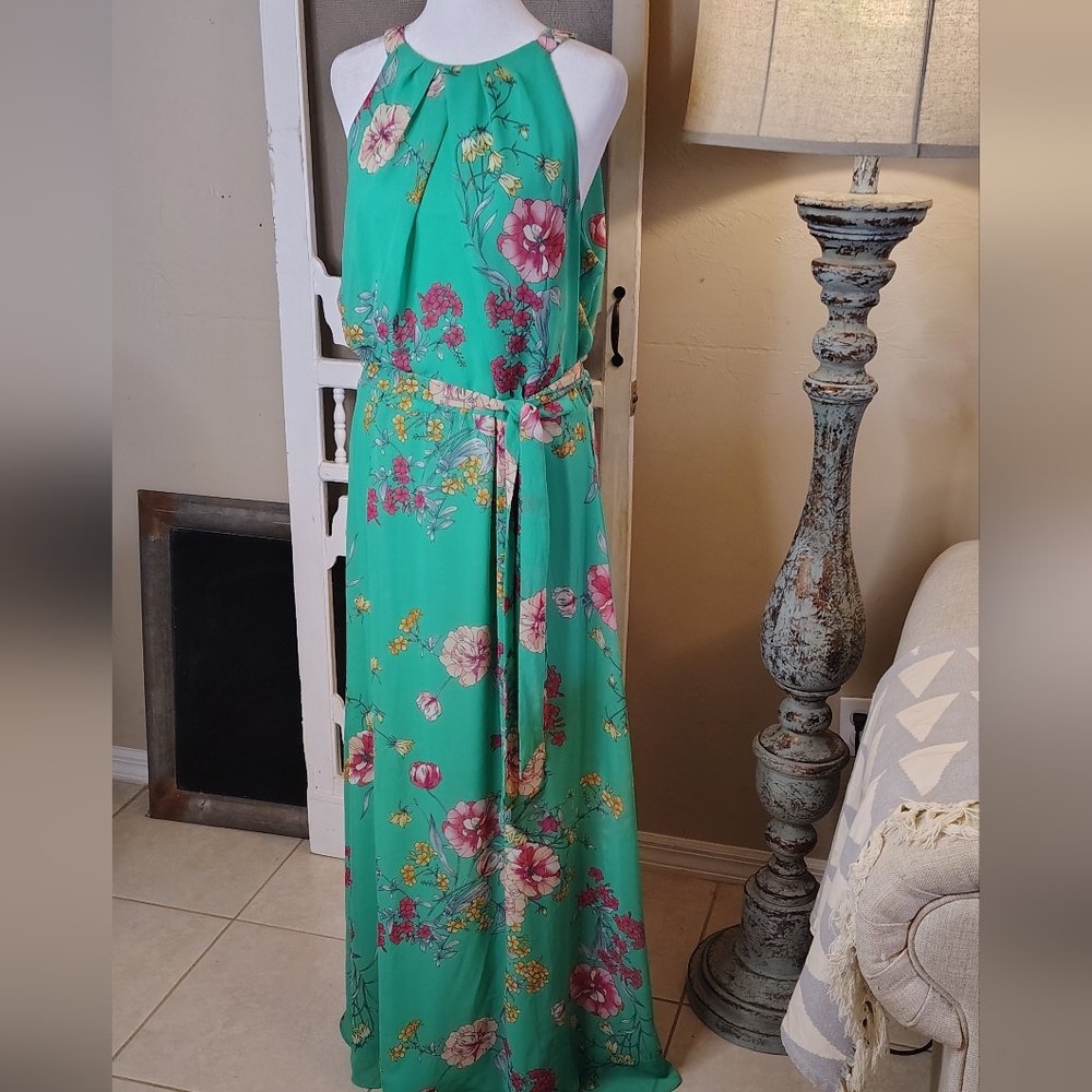 R&K Floral Green Summer Halter Maxi Dress Size 14 - Picture 7 of 10